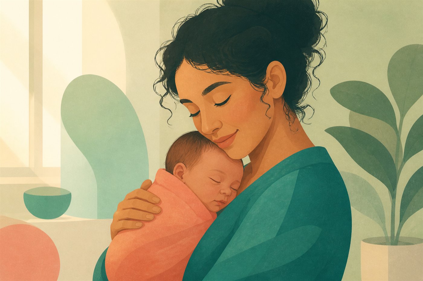 An illustration of a parent holding a sleeping newborn close to their chest in morning light